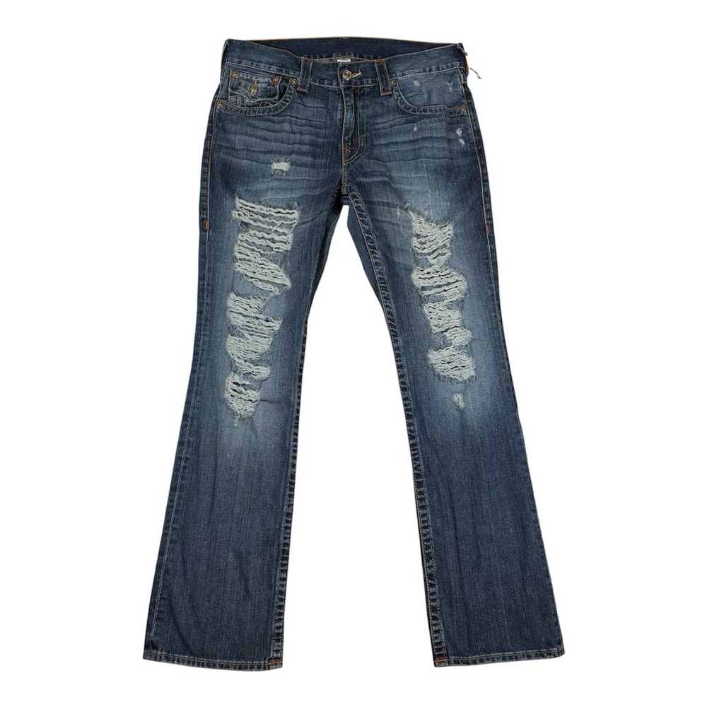 True Religion Ricky Straight Flap Men 33 x 33 Blue Distressed 100% Cotton Jeans